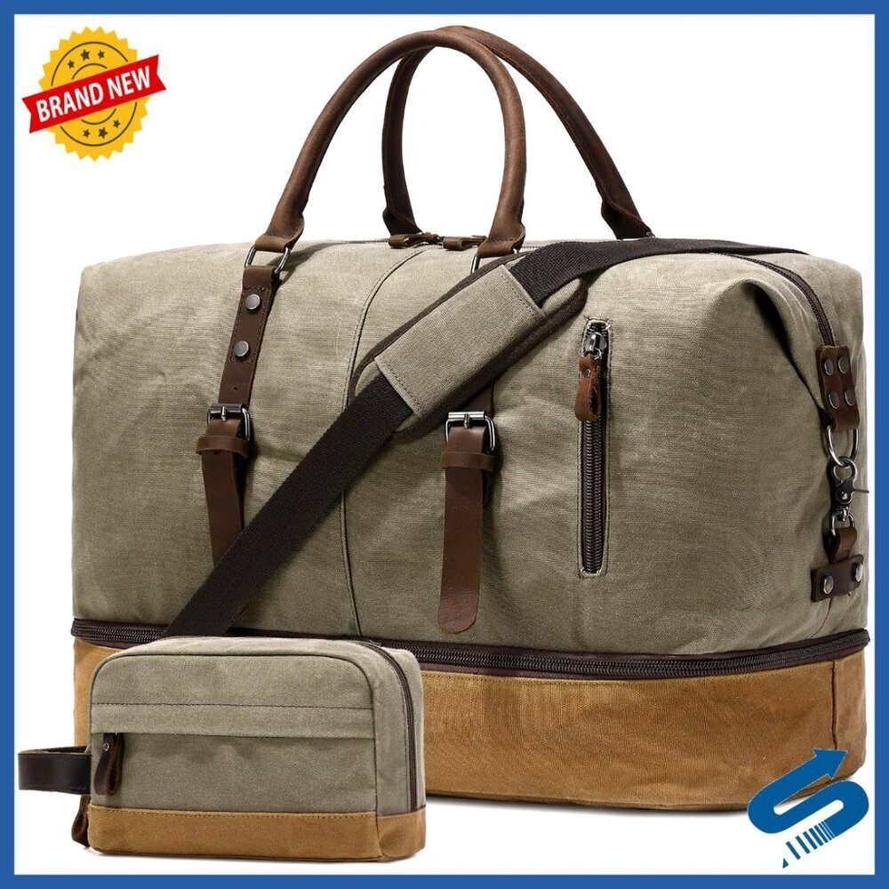 Large Waxed Canvas Leather Duffel Bag 45L Weekend Travel Carry On
